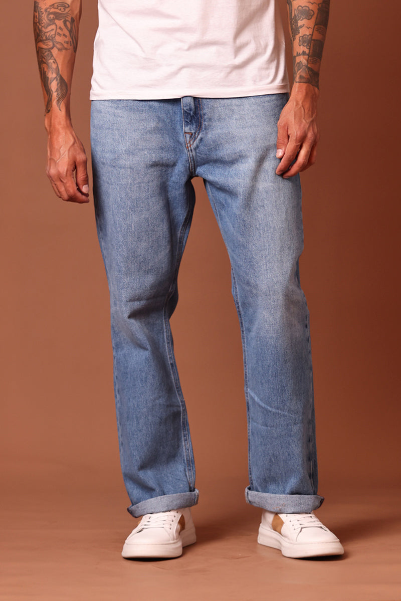 Calça Masculina Straight  Sewing Detail Jeans Médio