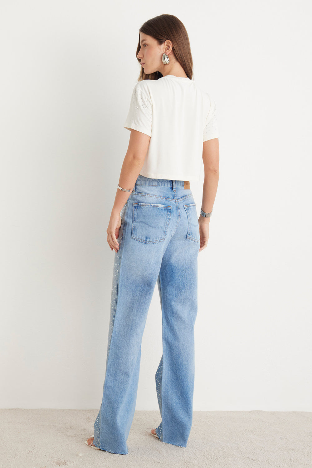 Calça Wide Leg Brilhos Jeans Claro