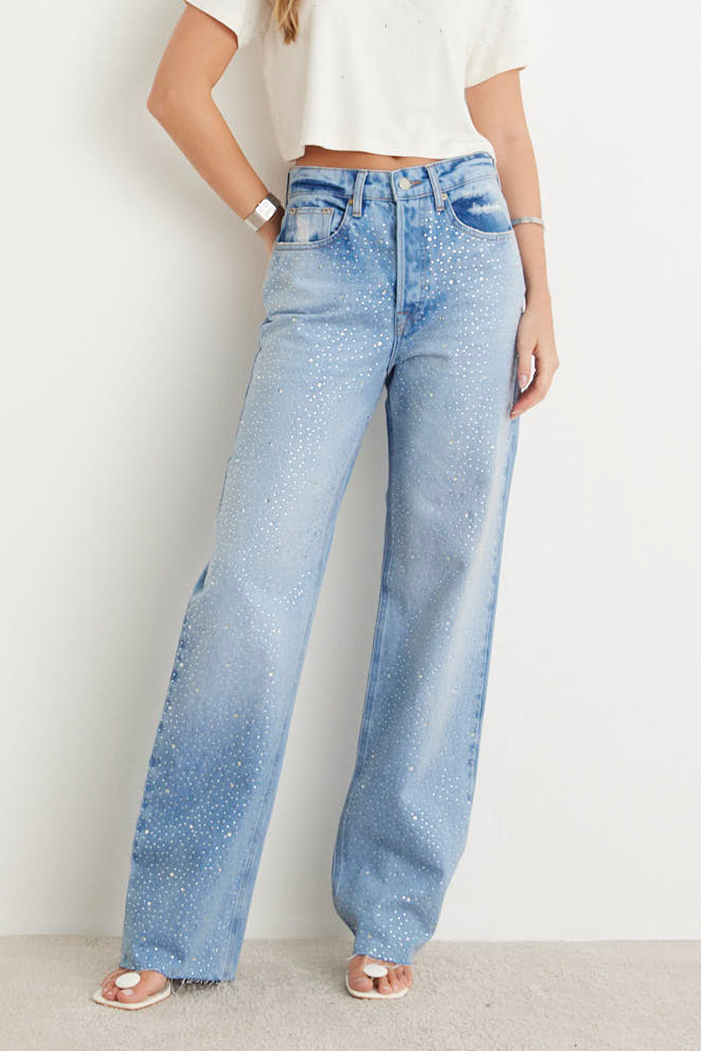 Calça Wide Leg Brilhos Jeans Claro