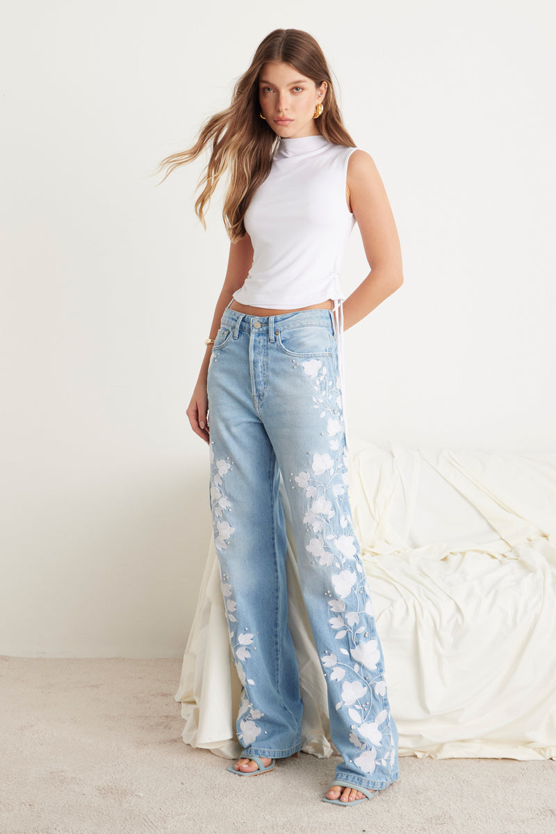 CALÇA CRIS FEMININA WIDE LEG JEANS CLARO BORDADA