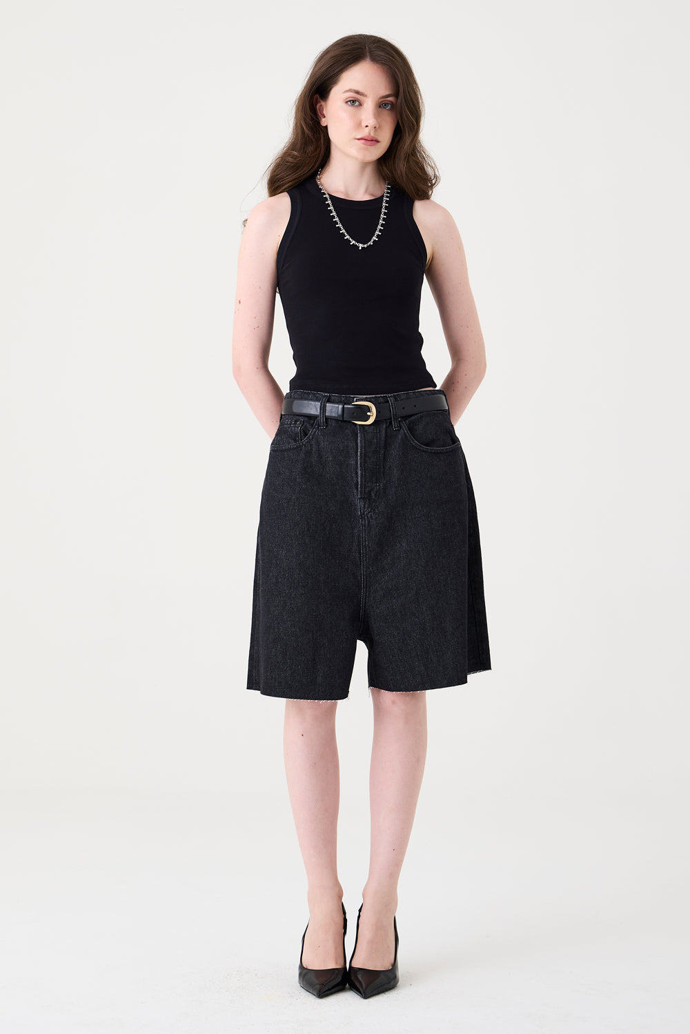 BERMUDA MIA FEMININA JUMBO JEANS AMACIADO BLACK