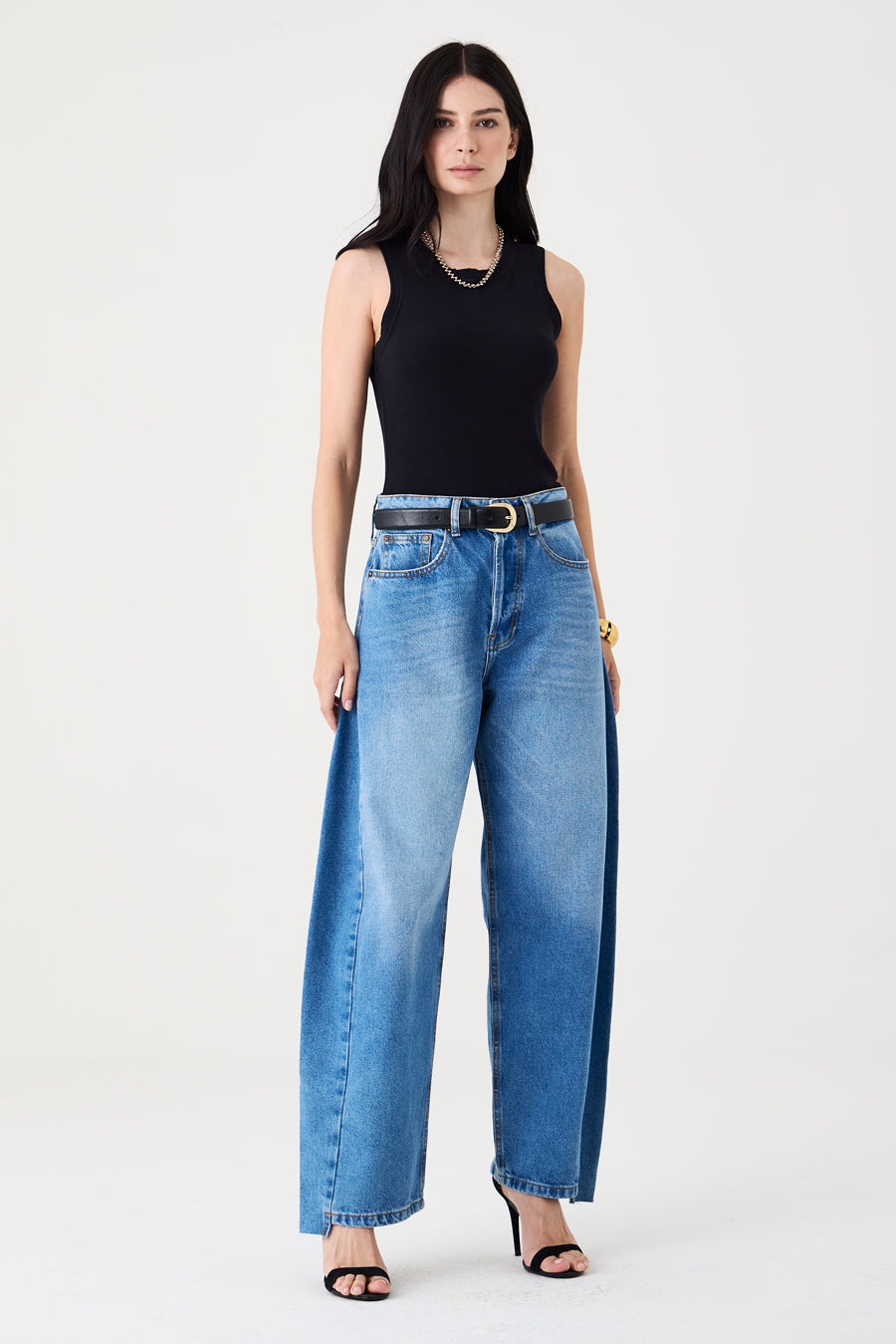 CALÇA ALINE FEMININA BARREL RECORTES JEANS MÉDIO