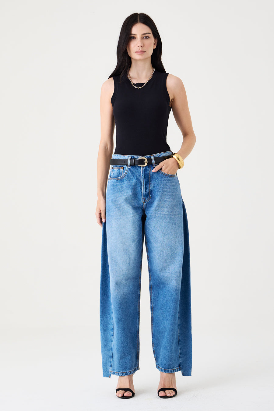 CALÇA ALINE FEMININA BARREL RECORTES JEANS MÉDIO