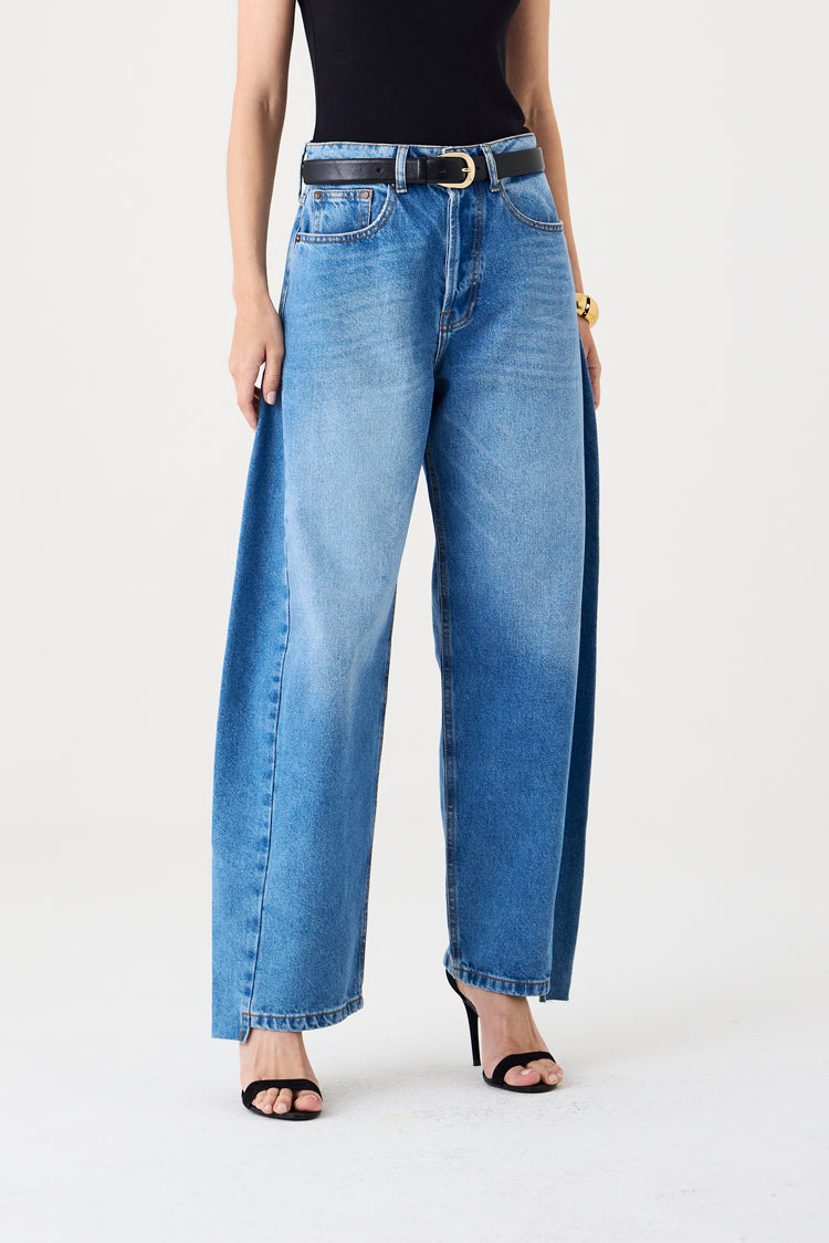 CALÇA ALINE FEMININA BARREL RECORTES JEANS MÉDIO