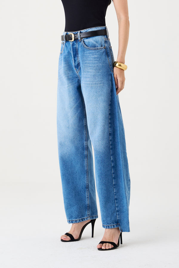 CALÇA ALINE FEMININA BARREL RECORTES JEANS MÉDIO