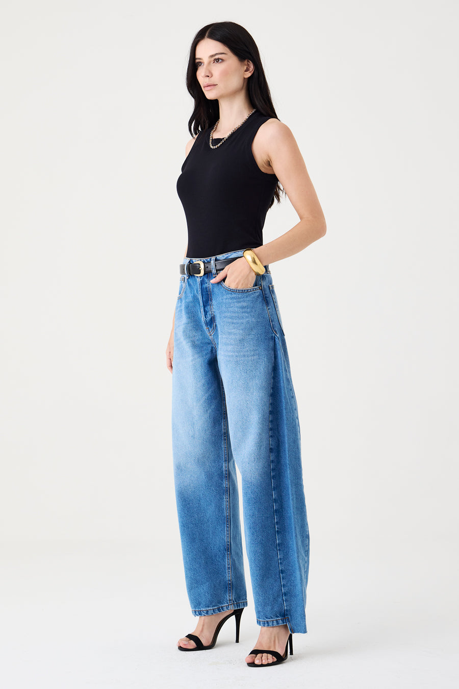 CALÇA ALINE FEMININA BARREL RECORTES JEANS MÉDIO