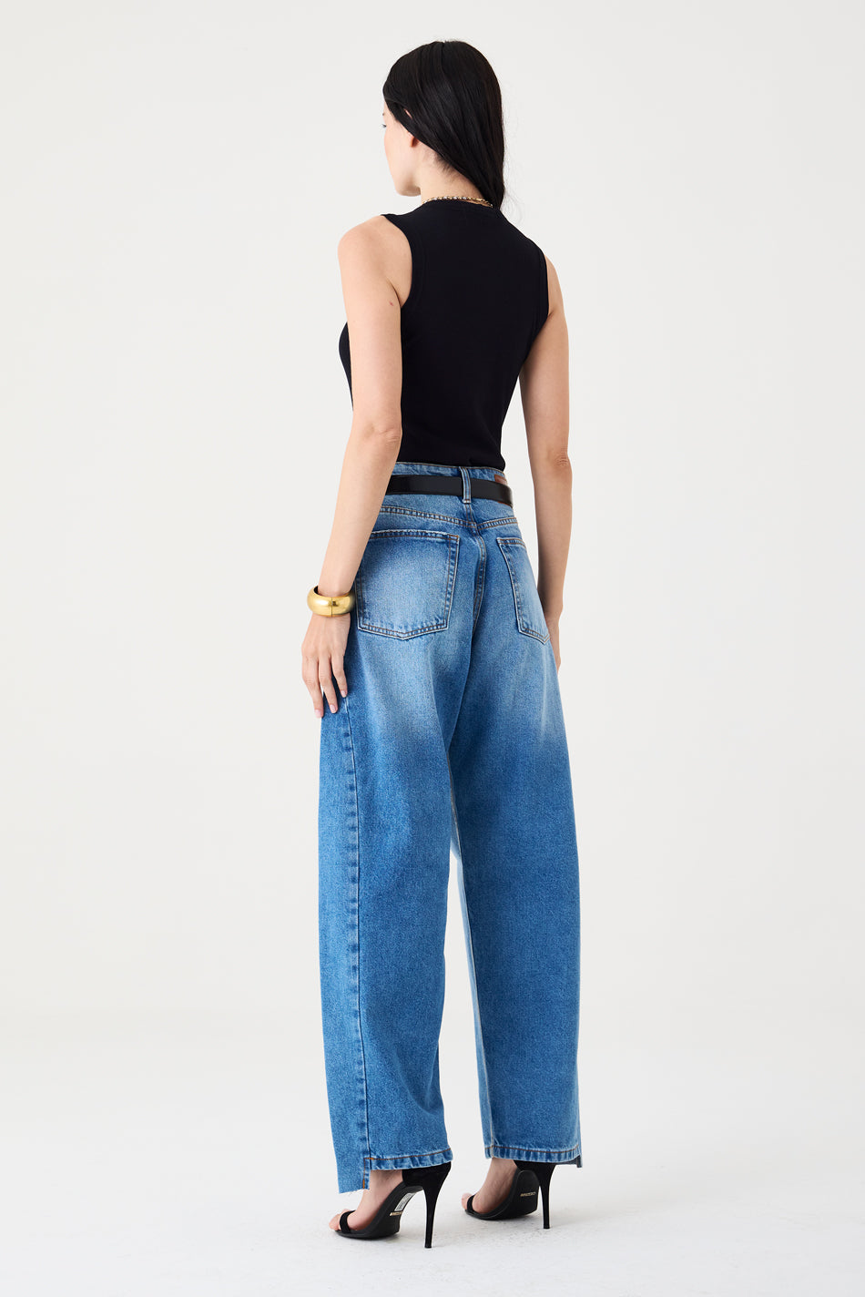 CALÇA ALINE FEMININA BARREL RECORTES JEANS MÉDIO