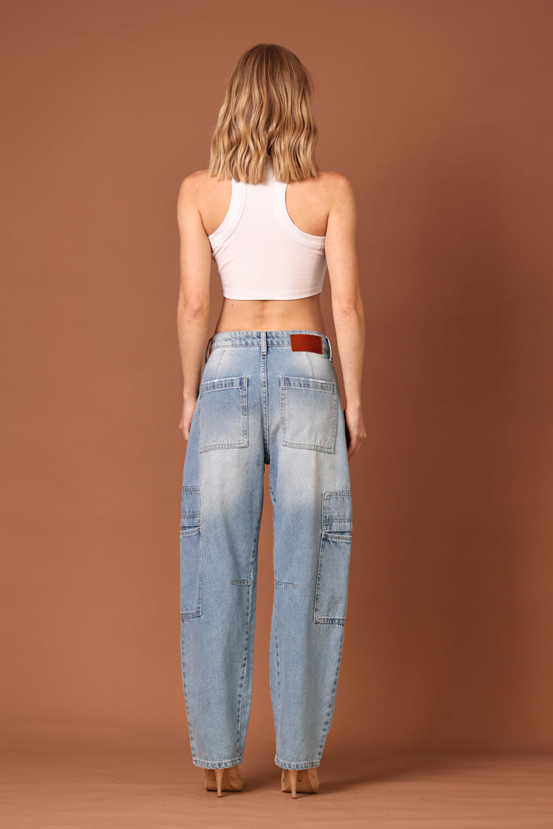 Calça Barrel Cargo Jeans Claro