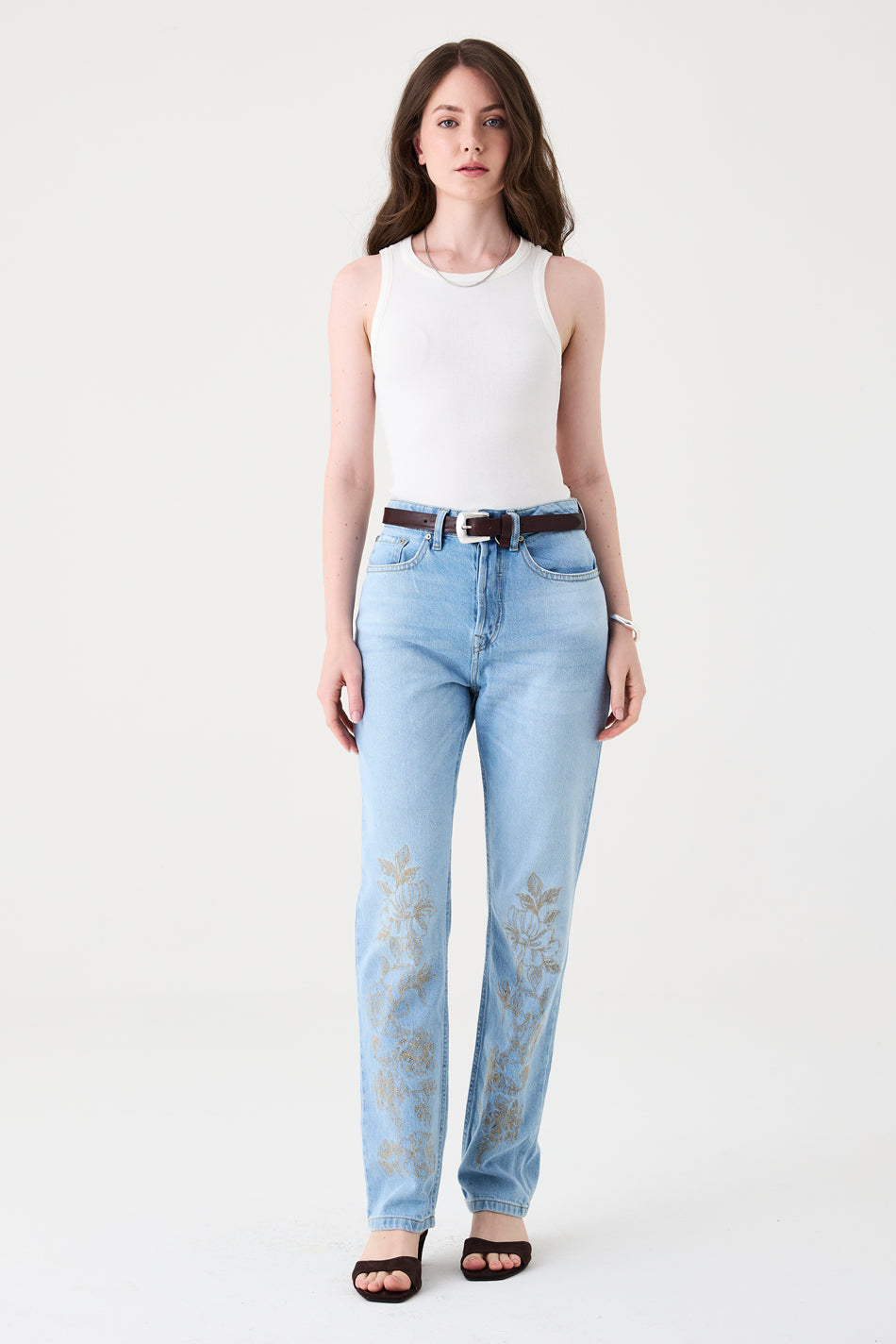 CALÇA BELLE FEMININA STRAIGHT BORDADA JEANS