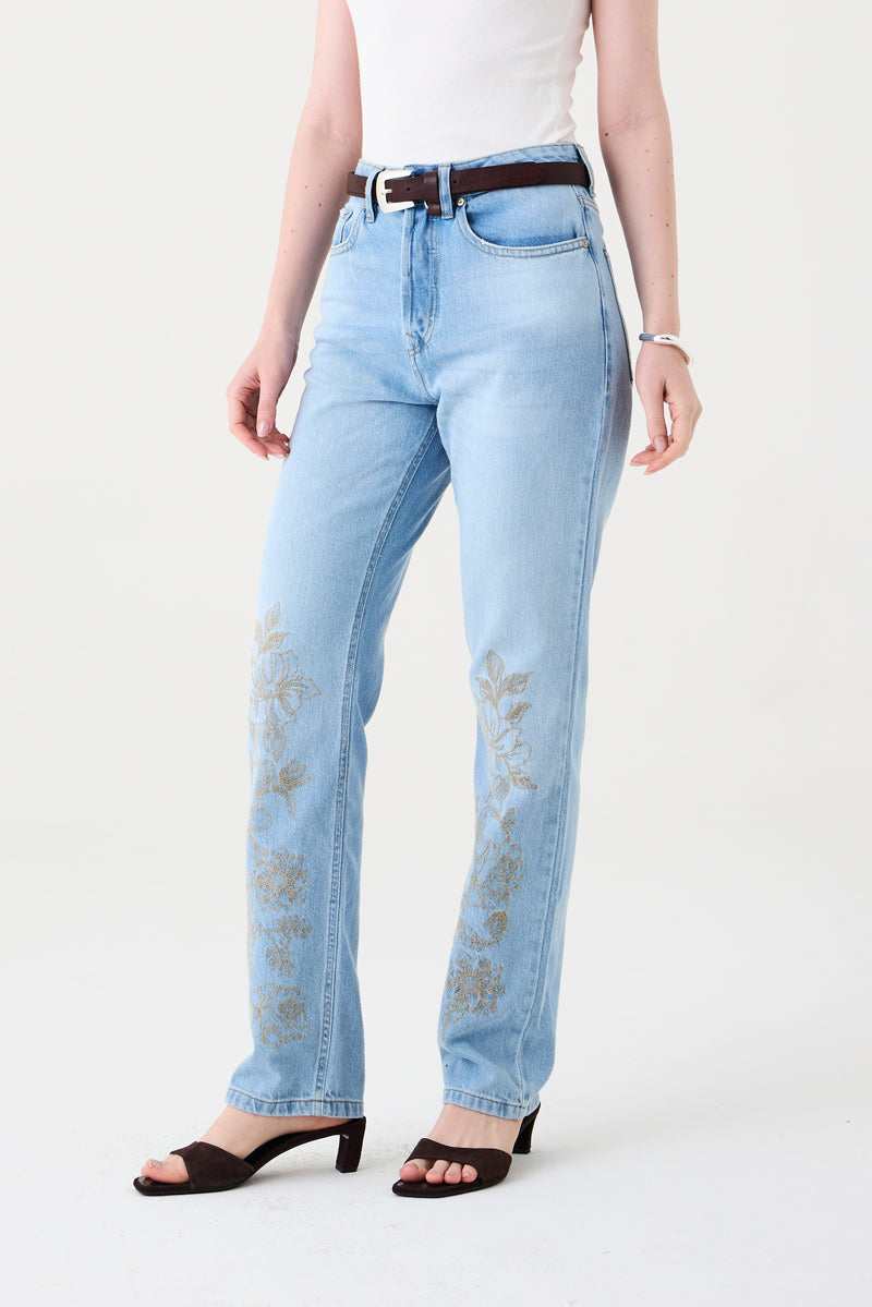 CALÇA BELLE FEMININA STRAIGHT BORDADA JEANS
