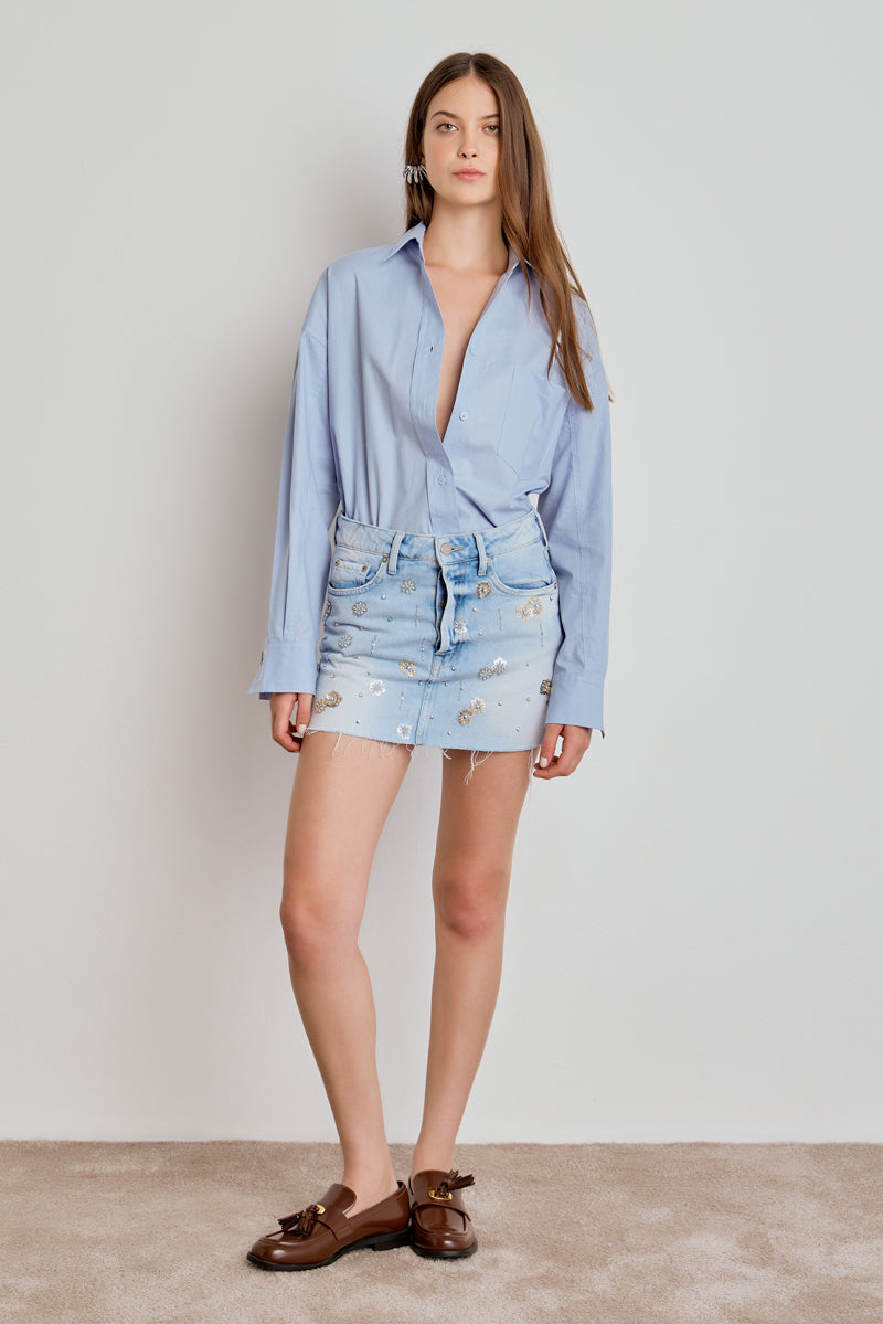 MINI SAIA CARMEM FEMININA BORDADA JEANS