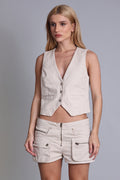 SHORTS GIU FEMININO CARGO ZÍPER SARJA BEGE AVEIA