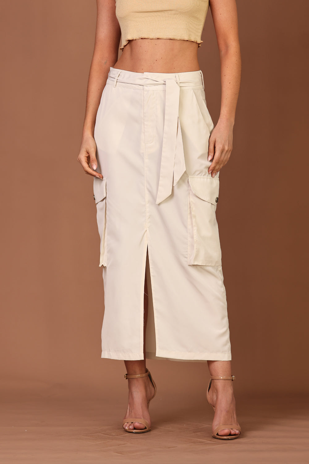 Saia Midi Com Bolsos Cargo Bege Aveia