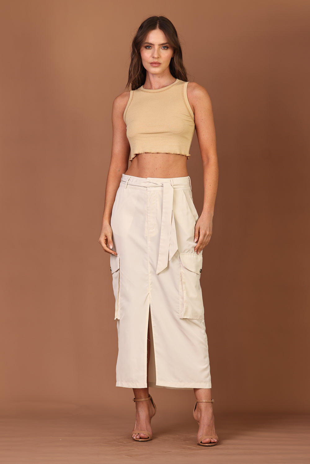 Saia Midi Com Bolsos Cargo Bege Aveia
