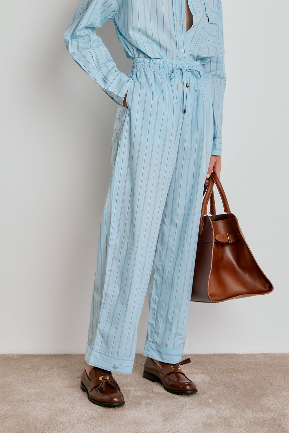 CALÇA FEMININA LISTRADA ELASTICO CÓS AZUL SKY