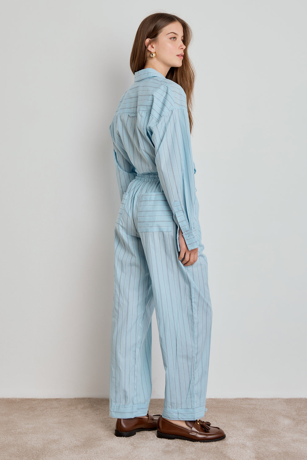 CALÇA FEMININA LISTRADA ELASTICO CÓS AZUL SKY