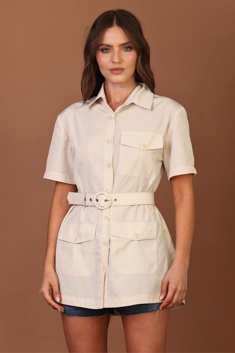 Camisa Longa Com Cinto Forrado Bege Aveia