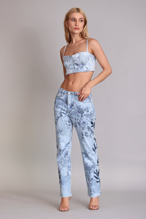 Top Cropped Light Flower Jeans Claro