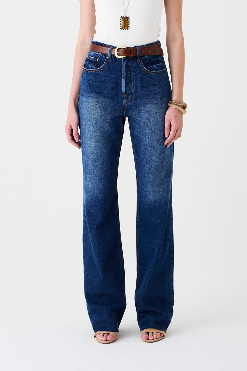 CALÇA MARESSA FEMININA WIDE LEG BARRA FIO JEANS ESCURO