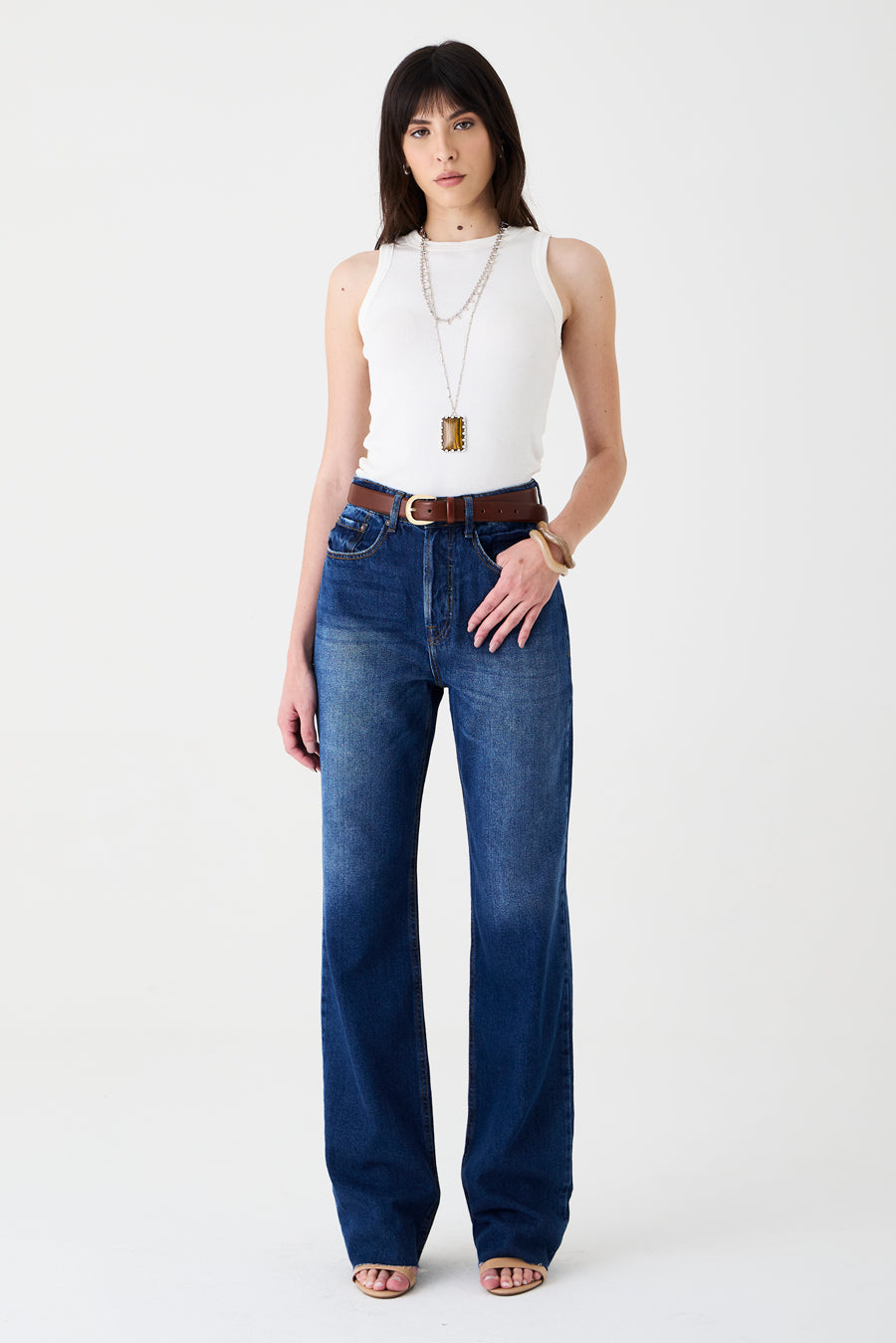 CALÇA MARESSA FEMININA WIDE LEG BARRA FIO JEANS ESCURO