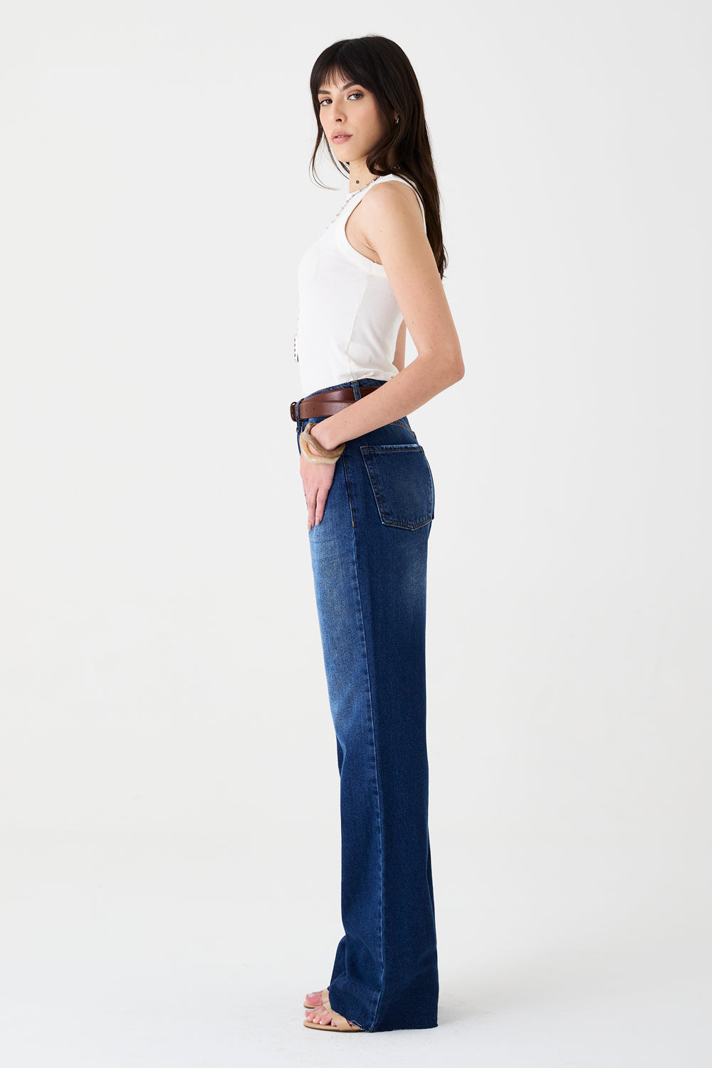 CALÇA MARESSA FEMININA WIDE LEG BARRA FIO JEANS ESCURO