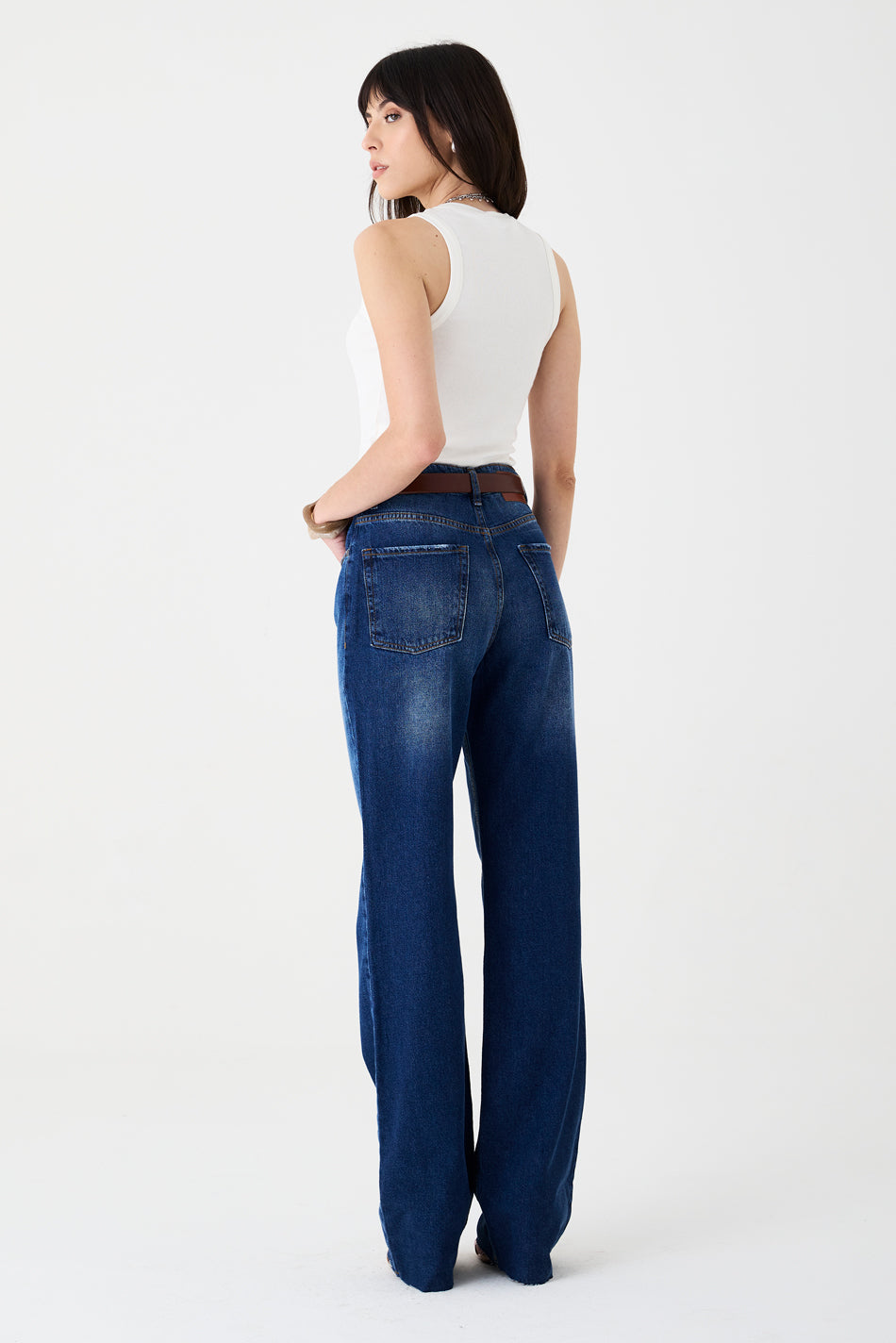 CALÇA MARESSA FEMININA WIDE LEG BARRA FIO JEANS ESCURO
