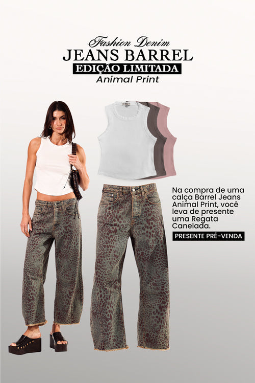 CALÇA MARIA FEMININA BARREL ANIMAL PRINT JEANS