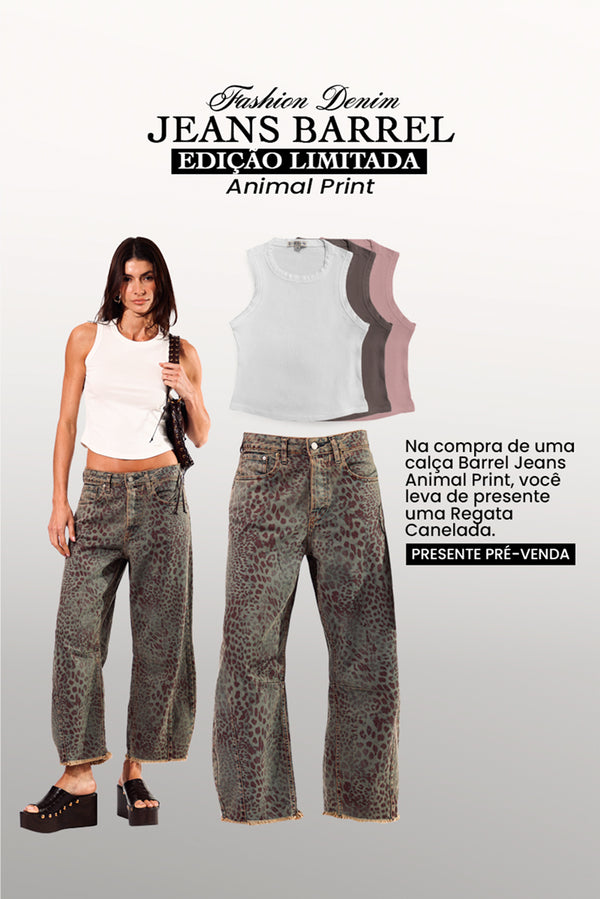 CALÇA MARIA FEMININA BARREL ANIMAL PRINT JEANS