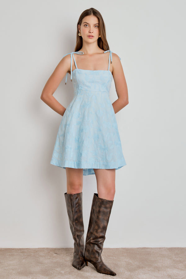 VESTIDO FEMININO ALÇAS ALGODÃO BORDADO - AZUL SKY