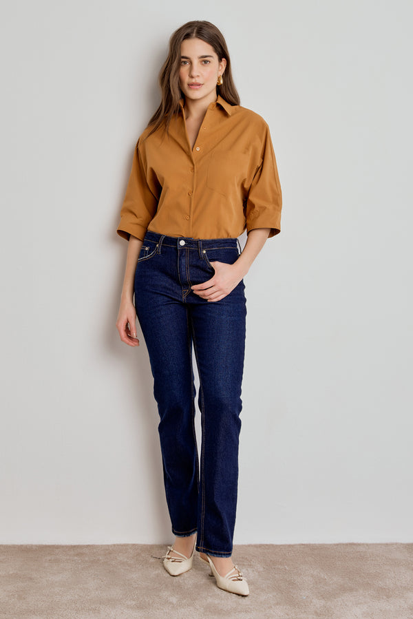 CAMISA FEMININA MANGA CURTA AMPLA - CARAMELO
