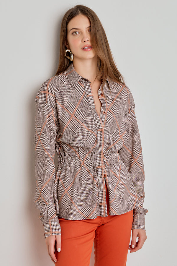 CAMISA FEMININA COM ELASTICO CINTURA - XADREZ CINZA