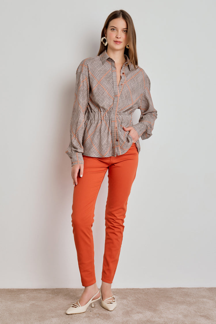 CAMISA FEMININA COM ELASTICO CINTURA - XADREZ CINZA