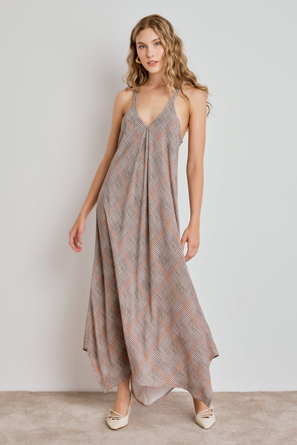VESTIDO FEMININO MIDI DECOTE V ALÇA LARGA - XADREZ CINZA