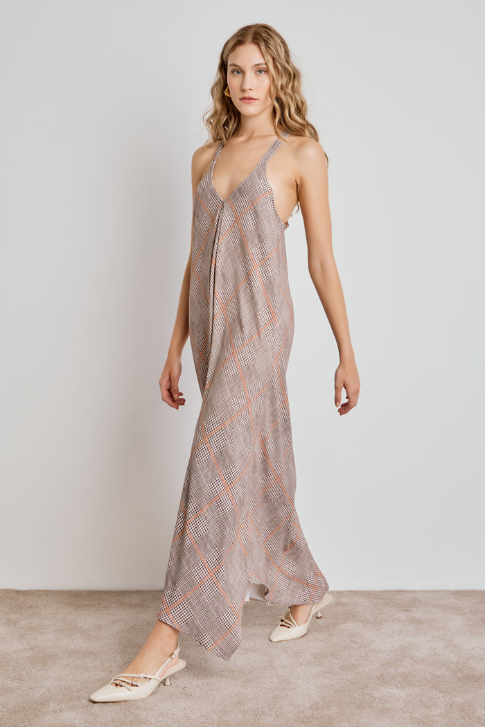 VESTIDO FEMININO MIDI DECOTE V ALÇA LARGA - XADREZ CINZA