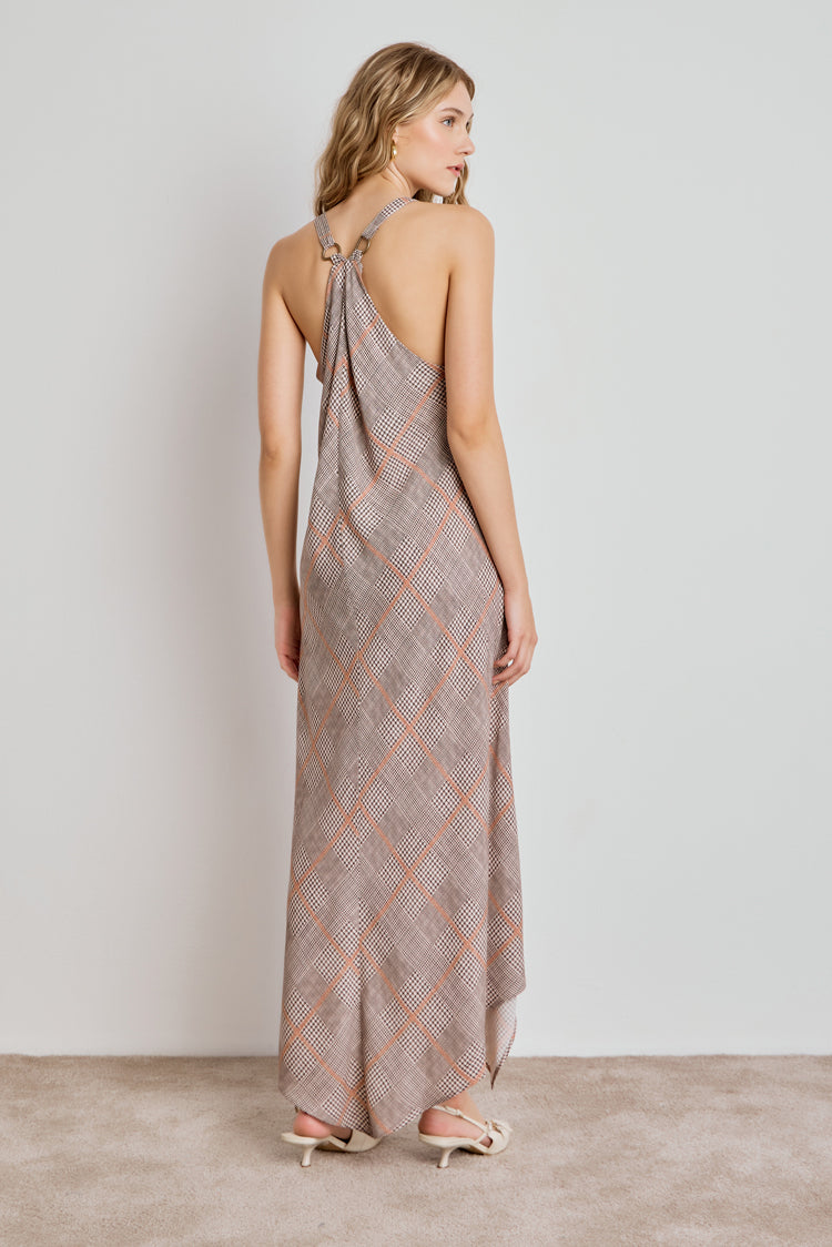 VESTIDO FEMININO MIDI DECOTE V ALÇA LARGA - XADREZ CINZA