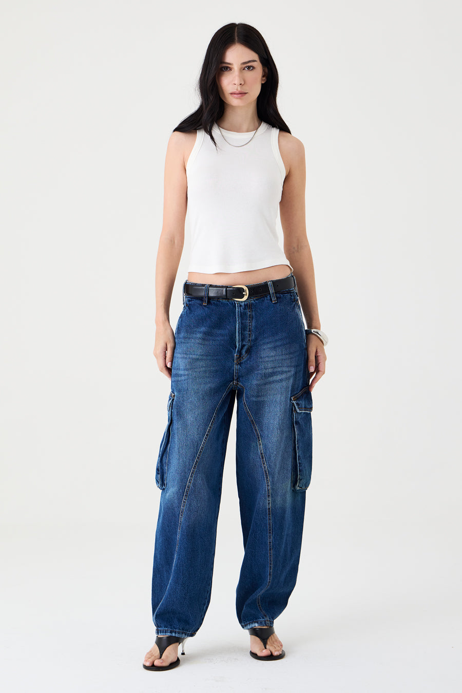 CALÇA MANOELA FEMININA BARREL CARGO JEANS ESCURO