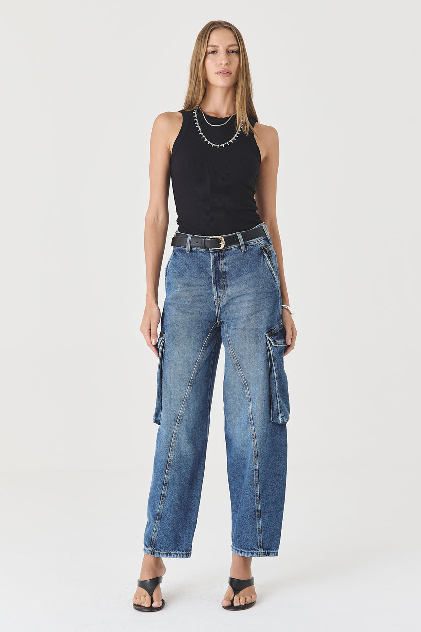 CALÇA MANOELA FEMININA BARREL CARGO JEANS ESCURO