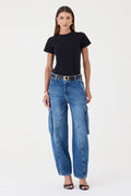 CALÇA MANOELA FEMININA BARREL CARGO JEANS ESCURO
