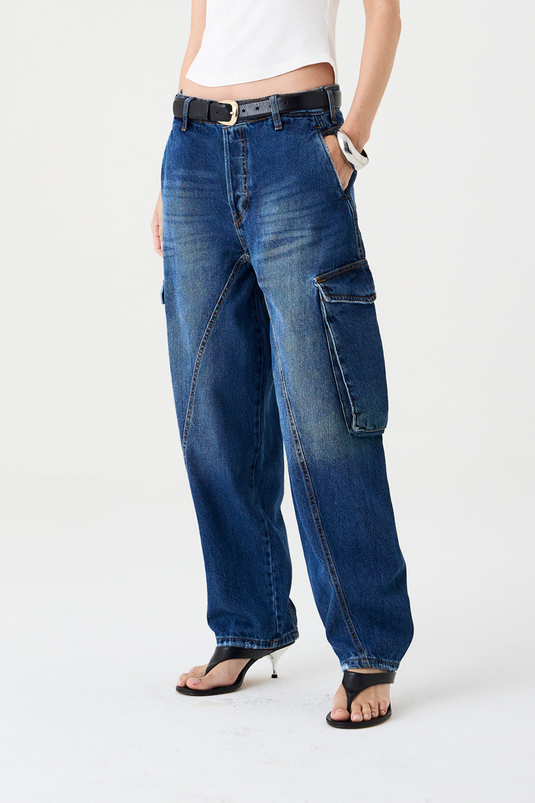 CALÇA MANOELA FEMININA BARREL CARGO JEANS ESCURO