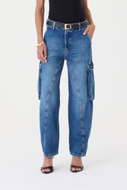 CALÇA MANOELA FEMININA BARREL CARGO JEANS ESCURO