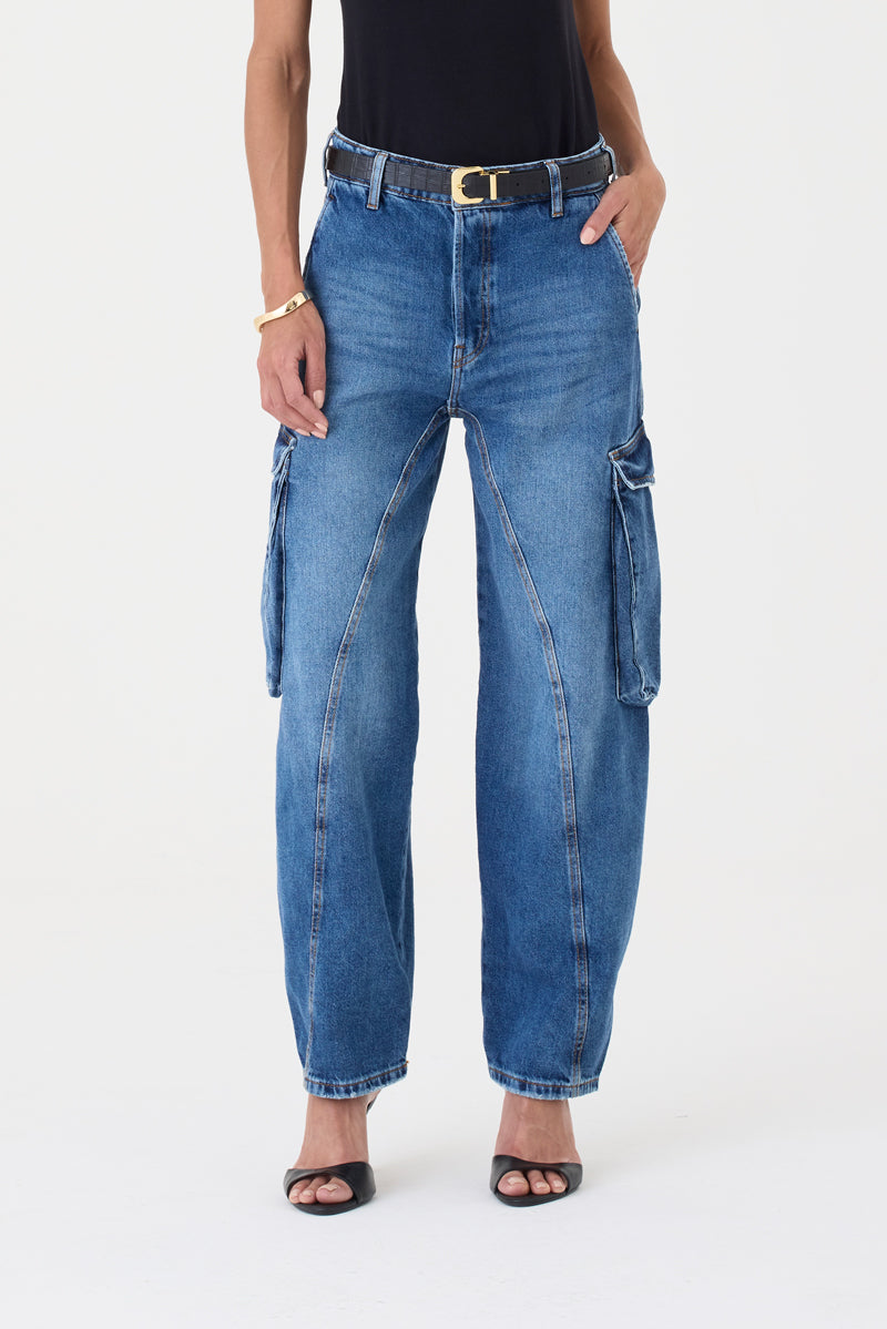 CALÇA MANOELA FEMININA BARREL CARGO JEANS ESCURO