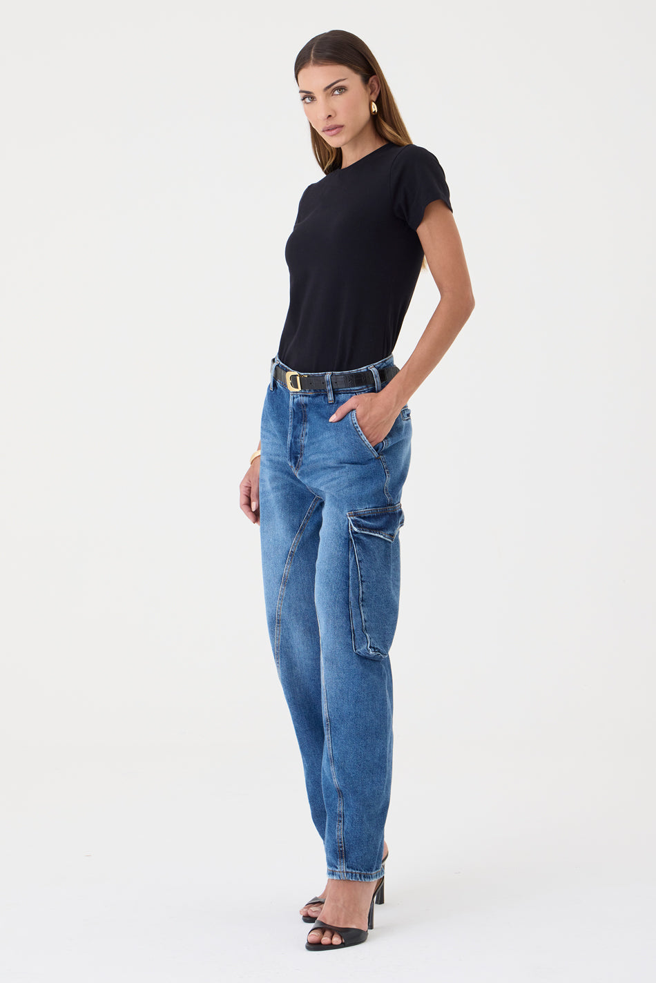 CALÇA MANOELA FEMININA BARREL CARGO JEANS ESCURO