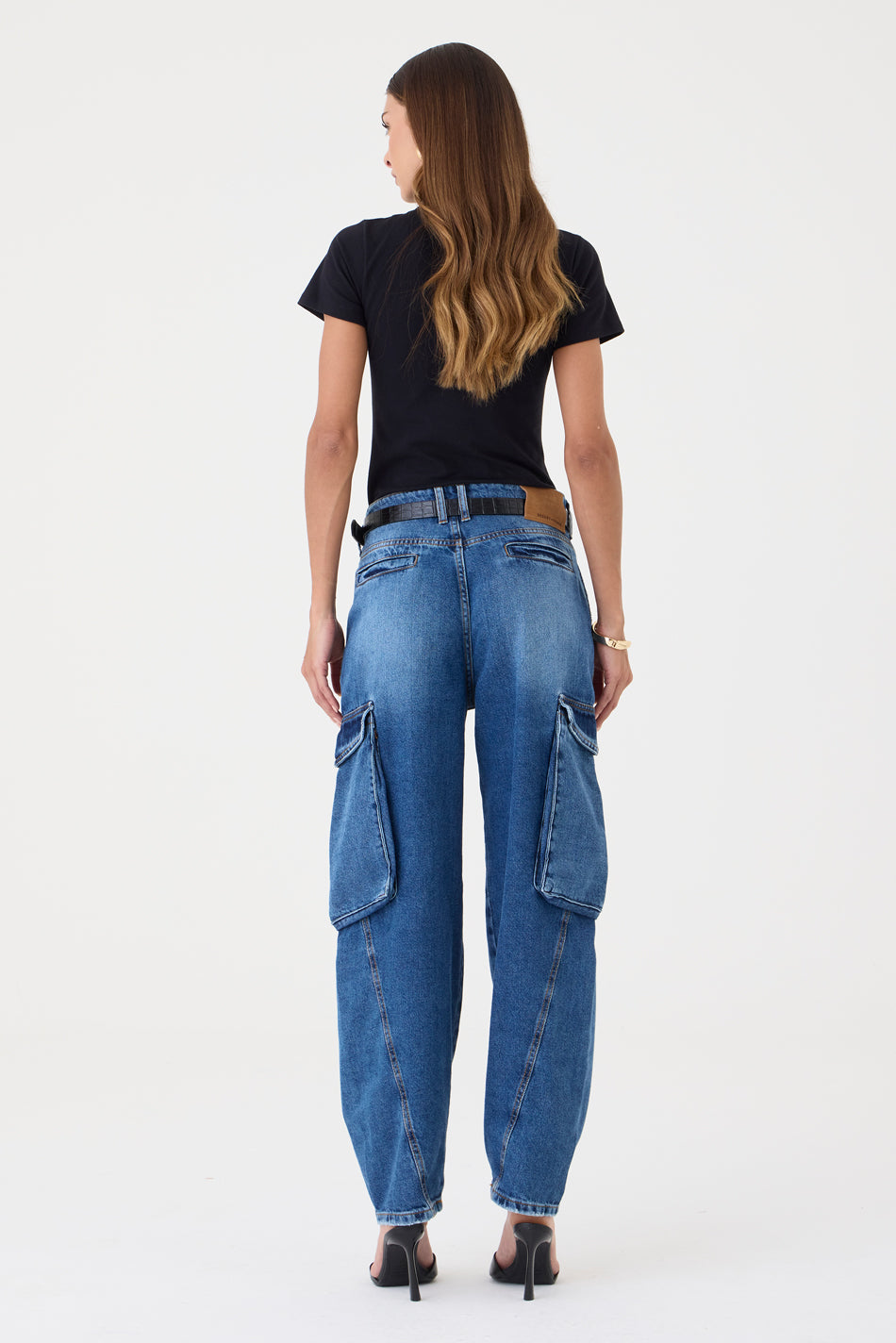 CALÇA MANOELA FEMININA BARREL CARGO JEANS ESCURO