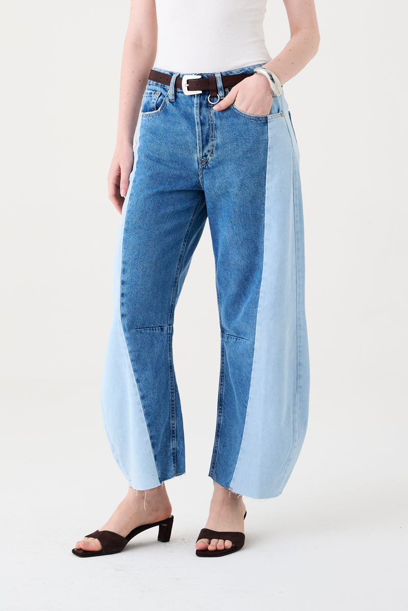 CALÇA MARIA FEMININA BARREL PATCH JEANS MÉDIO