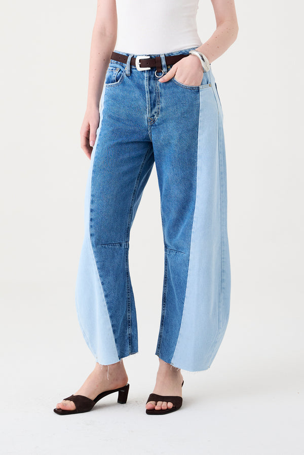 CALÇA MARIA FEMININA BARREL PATCH JEANS MÉDIO