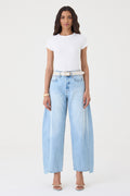 CALÇA ALINE FEMININA BARREL RECORTES JEANS CLARO