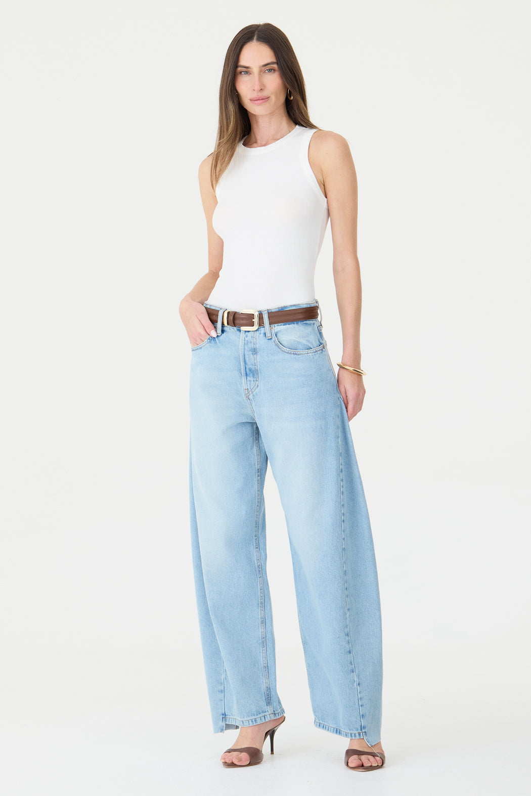 CALÇA ALINE FEMININA BARREL RECORTES JEANS CLARO