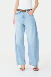 CALÇA ALINE FEMININA BARREL RECORTES JEANS CLARO