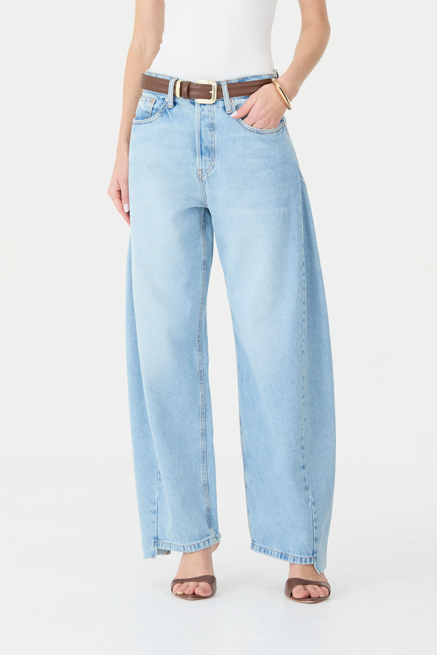 CALÇA ALINE FEMININA BARREL RECORTES JEANS CLARO