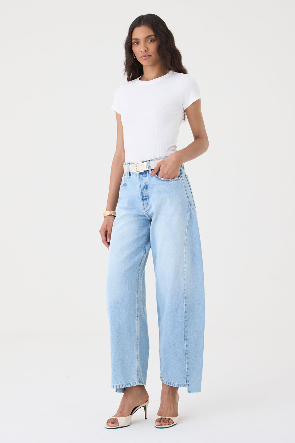 CALÇA ALINE FEMININA BARREL RECORTES JEANS CLARO